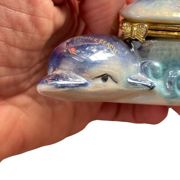 Vintage Dolphin Trinket Box Iridescent Glazed Hinged Beach Florida Nautical Sea - Picture 6 of 16